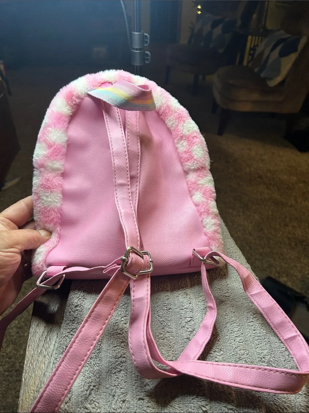Pink Plush Unicorn Kids Backpack with Rainbow Appliqué